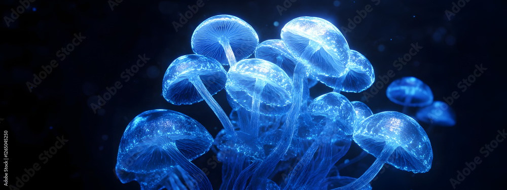 Glowing blue mushrooms on a black background
Glowing blue mushrooms on a black background
