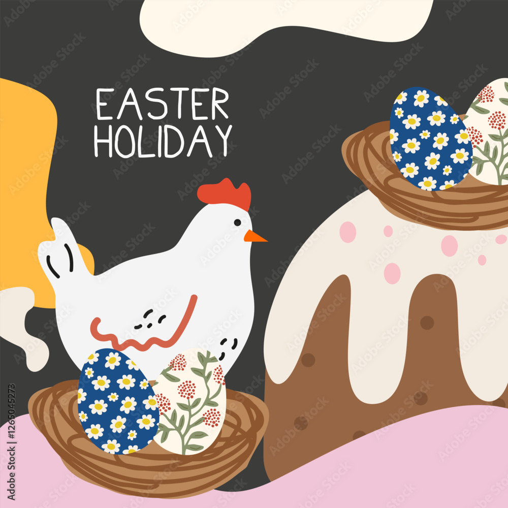 Fototapeta premium Set of Happy Easter greeting cards in modern cartoon style. Abstract Easter retro poster with Easter cake, eggs, chicken. Trendy editable vector template for poster, banner, social media post