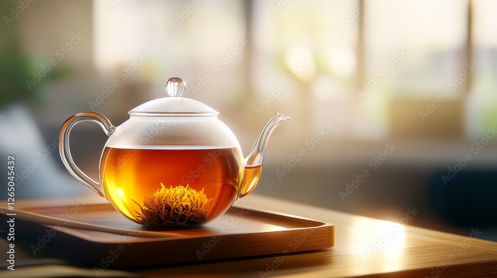 Glass teapot with blooming tea on a wooden tray, sunlight streaming through a cozy room Glass teapot with blooming tea on a wooden tray, sunlight streaming through a cozy room