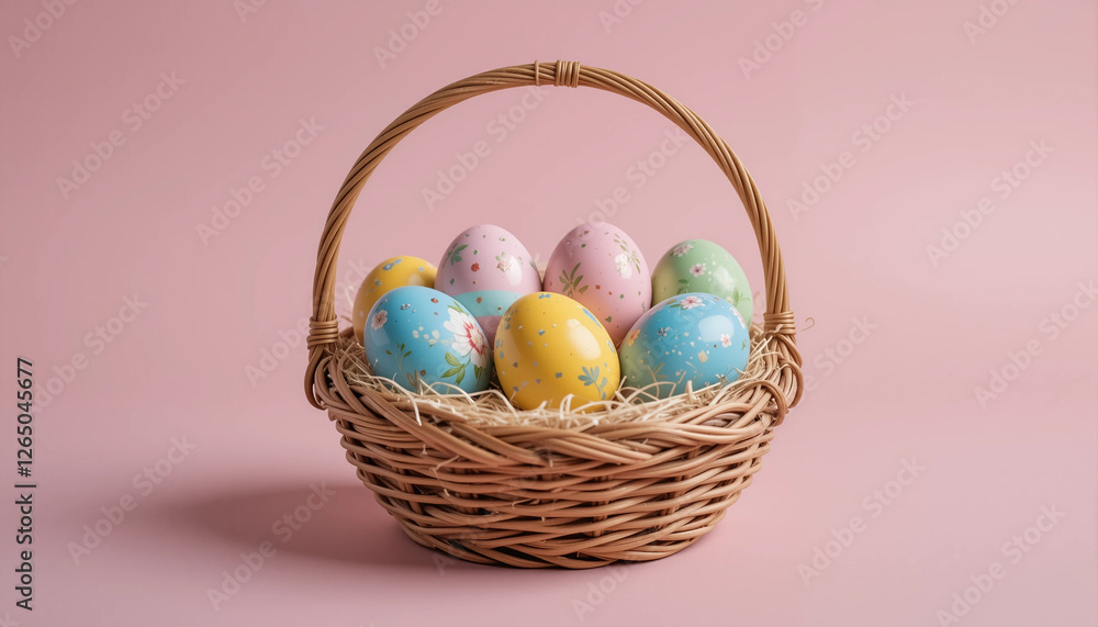 Hand painted Easter eggs in
a woven wicker basket Hand painted Easter eggs in
a woven wicker basket