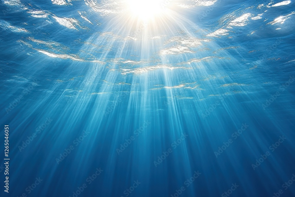 Fototapeta premium Tranquil Underwater Scene with Sunlight Rays Illuminating Deep Blue Water Surface