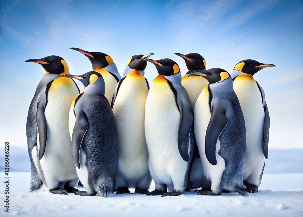 Fototapeta premium Minimalist Winter Penguins: Two Groups Huddled Together on White