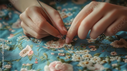 Delicate embroidery in progress, showcasing gentle hands crafting intricate floral designs on a vibrant blue fabric.