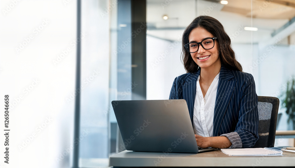 Smiling portrait professional it specialist latin hispanic business lady working on laptop pc sitting in modern office. Young middle eastern indian woman using computer technology for work. Copy space Smiling portrait professional it specialist latin hispanic business lady working on laptop pc sitting in modern office. Young middle eastern indian woman using computer technology for work. Copy space
