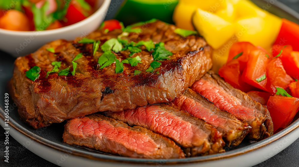 Grilled medium-rare steak, beef ranchera, seasoned and garnished with fresh herbs, served alongside a vibrant summer vegetable medley Grilled medium-rare steak, beef ranchera, seasoned and garnished with fresh herbs, served alongside a vibrant summer vegetable medley