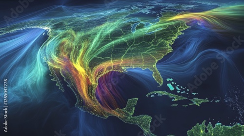 A vibrant, swirling map of North America with vivid, flowing energy lines representing dynamic data or weather patterns over the continent.