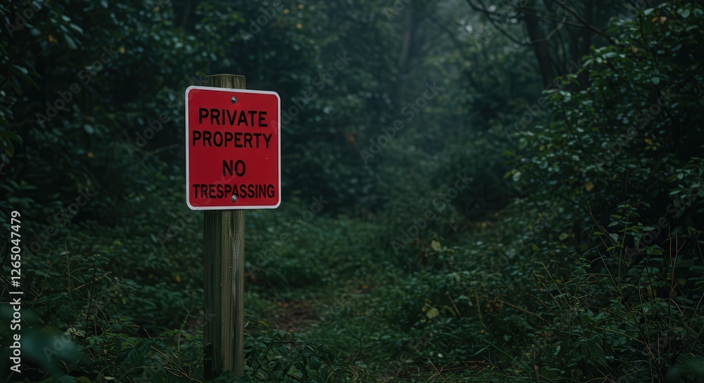 Private Property No Trespassing Sign in Misty Forest Environment Private Property No Trespassing Sign in Misty Forest Environment