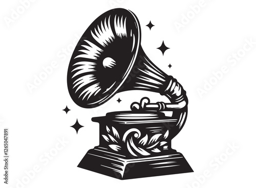 Vintage Gramophone with Vinyl Record on Wooden Table – Retro Phonograph for Music, Sound, and Audio Entertainment, Antique Design with Grunge Aesthetic and Artistic Illustration