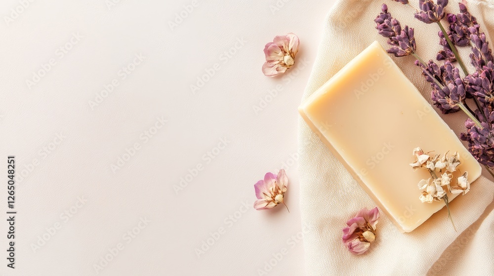 Relaxing spa scene with lavender flower, soap, and soft fabric on a light background Relaxing spa scene with lavender flower, soap, and soft fabric on a light background