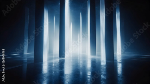 Futuristic abstract background with glowing blue pillars and reflective floor, ideal for science fiction, technology, or fantasy themes.