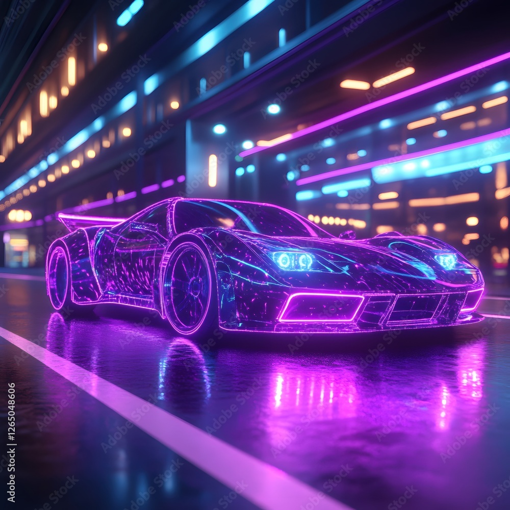 Futuristic sports car illuminated with neon lights on a wet city street at night Futuristic sports car illuminated with neon lights on a wet city street at night