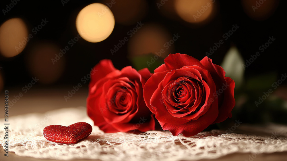Two red roses placed elegantly on a lace surface, accompanied by a small red heart, creating a romantic and charming atmosphere for love. Valentine's Day Two red roses placed elegantly on a lace surface, accompanied by a small red heart, creating a romantic and charming atmosphere for love. Valentine's Day
