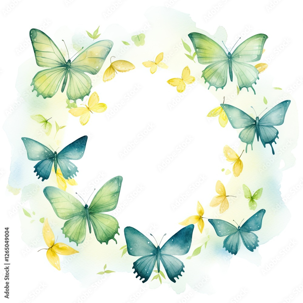 Fototapeta premium Watercolor wreath consisting of butterflies in pastel yellow and green colors