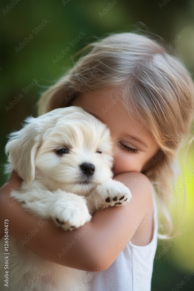 Joyful Child Hugging Adorable Puppy in Lush Backyard Setting During Bright Sunny Day Joyful Child Hugging Adorable Puppy in Lush Backyard Setting During Bright Sunny Day