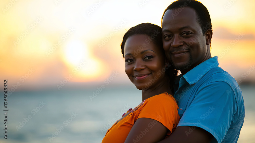Romantic Couple Embracing on Beach at Sunset with Warm Colors and Joyful Expressions Romantic Couple Embracing on Beach at Sunset with Warm Colors and Joyful Expressions