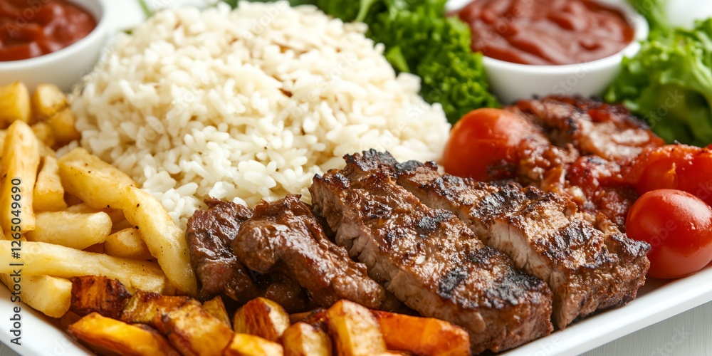 Plate of food with meat, rice, and vegetables Plate of food with meat, rice, and vegetables