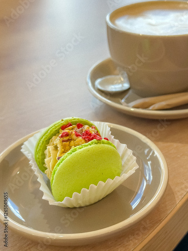 Сoffee and cake, сoffee and macaroon, breakfast, lunch photo