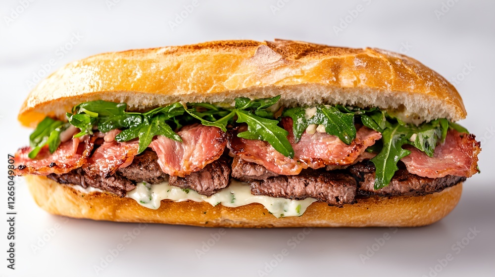 Sandwich with meat and greens is displayed on a white background Sandwich with meat and greens is displayed on a white background