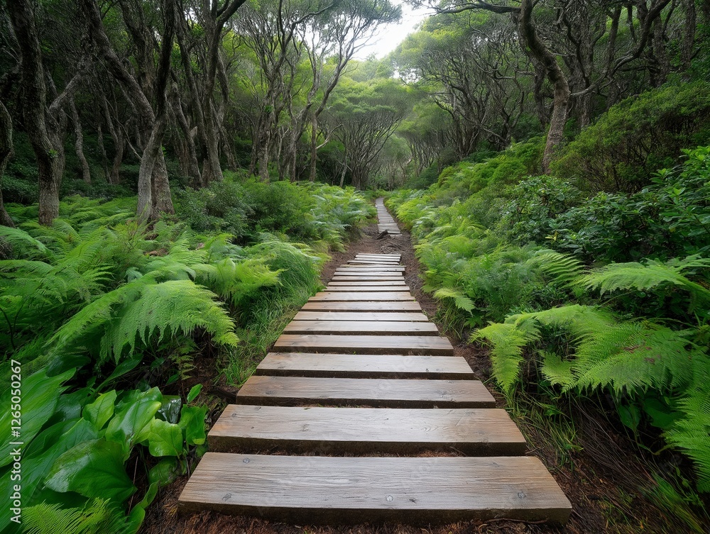 Obraz premium Serenity unfolds along the wooden pathway through lush greenery in a tranquil forest haven. Generative AI