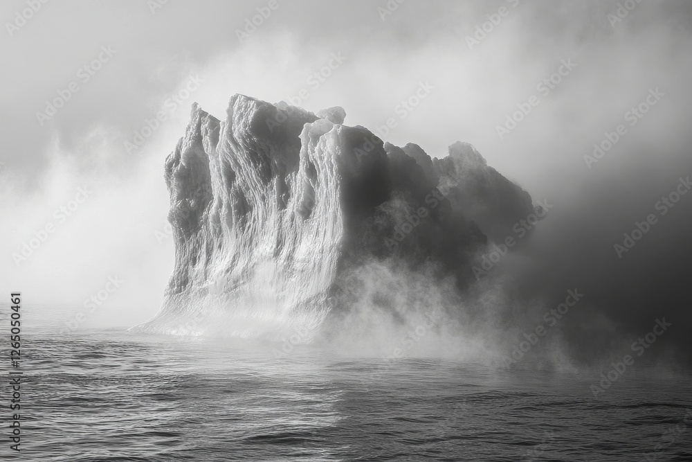 Obraz premium Majestic Rock Formation Emerged from Ocean Waves Surrounded by Mist and Fog in Monochrome