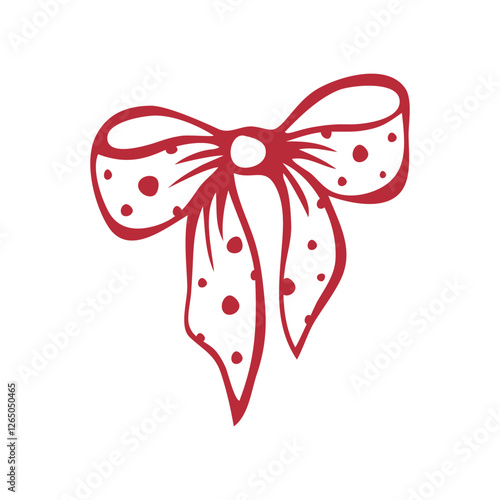 Red polka dot bow. Isolated vector EPS object. Line art hand-drawn illustration. Bouffant hair accessory. Coquette core. Decorative element for romantic invitations, greeting, wedding. Outline sketch.