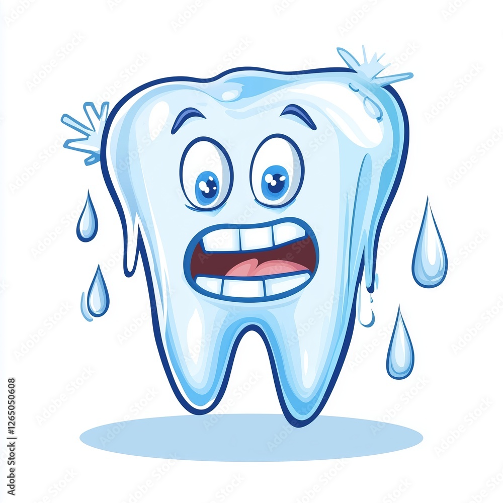 Cartoon illustration of shivering tooth with expression of shock tooth has water droplets On white isolated background