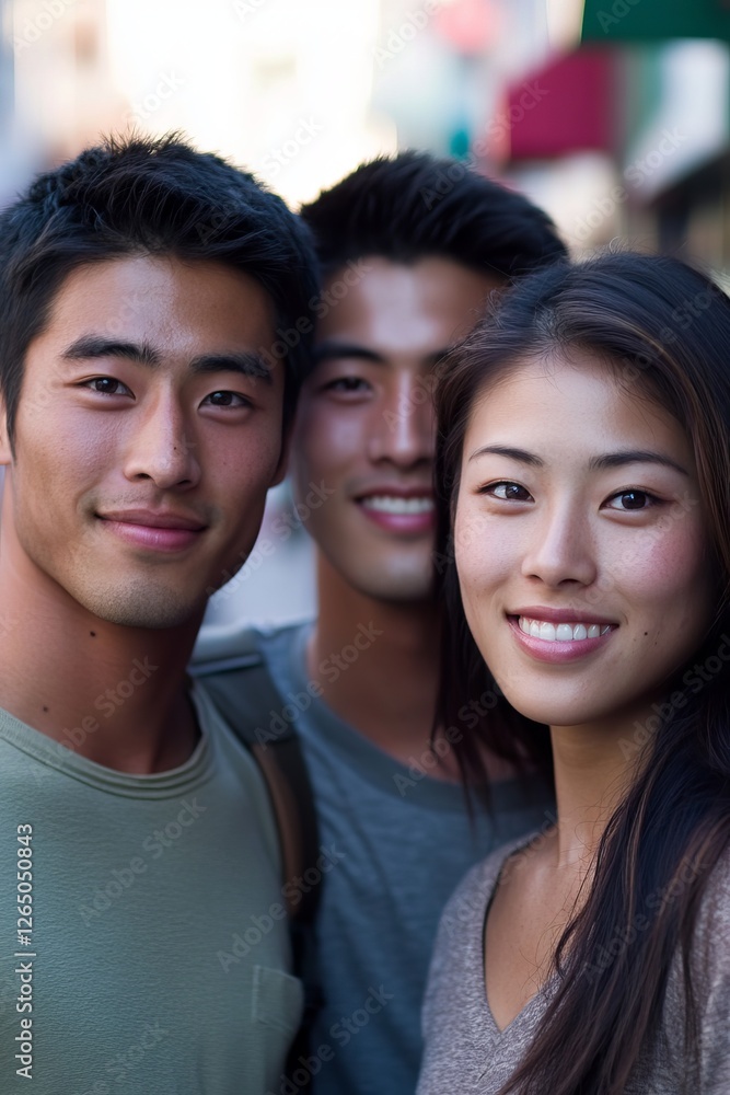 Fototapeta premium Group of Smiling East Asian Individuals Posing Together in a Busy Urban Environment