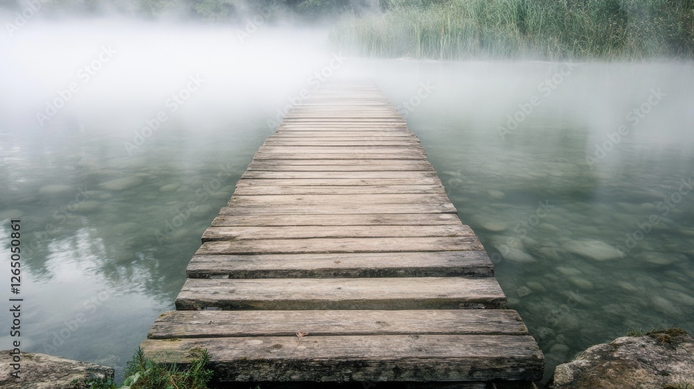 Fototapeta premium A wooden path stretches into the mist, dissolving into mystery and inviting exploration beyond the visible.