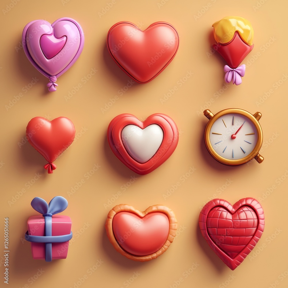 A modern 3D icon set has been created to represent the Valentine's Day Concept, featuring symbols of love and anniversaries A modern 3D icon set has been created to represent the Valentine's Day Concept, featuring symbols of love and anniversaries
