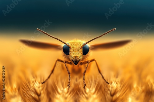 Intricate close-up of a golden bee resting on golden wheat under a bright sky in a tranquil field during golden hour photo