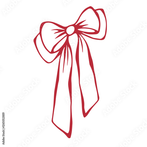 Red bow. Isolated vector EPS object. Line art hand-drawn illustration. Bouffant hair accessory. Coquette core. Decorative element for romantic invitations, birthday, wedding design. Outline sketch.
