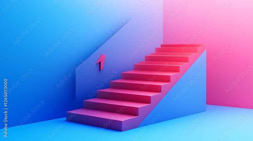 Minimalist 3D Block Structure with Ladder and Flag, A minimalist 3D illustration of a blue block structure with a ladder leading to a pink flag on top Minimalist 3D Block Structure with Ladder and Flag, A minimalist 3D illustration of a blue block structure with a ladder leading to a pink flag on top