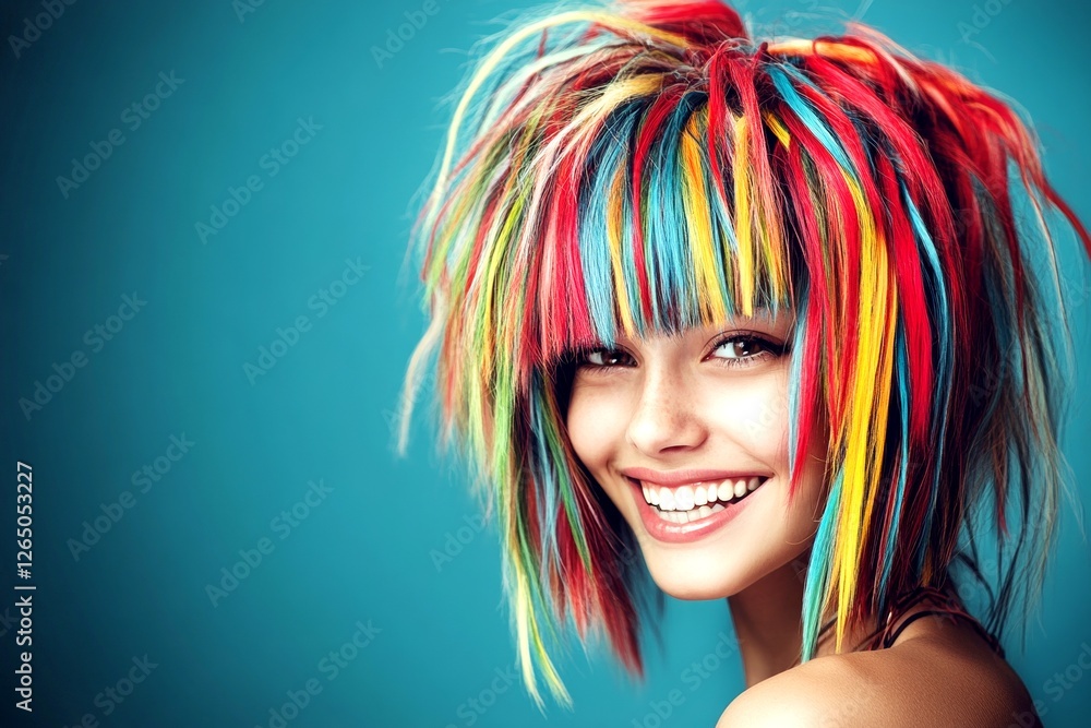 Naklejka premium Commercial ad campaign idea. Short haircut - multicolored hair. Attractive smiling mixed-race girl - for ads, media ad and internet use. Artistic photography. Bold hair in ads. African beauty.