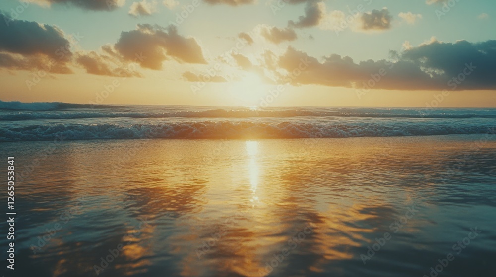 Fototapeta premium A stunning sunset paints the horizon with vibrant hues as gentle waves reflect the golden sky, creating a serene and picturesque seascape.