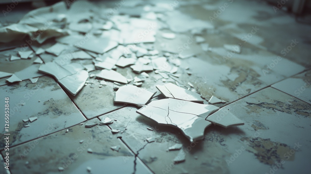 Fototapeta premium Shattered tiles on a floor, creating a chaotic and intriguing mosaic pattern, reflecting themes of decay and transformation.