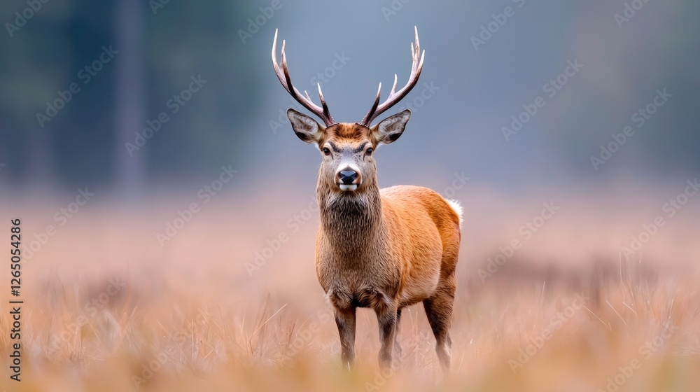 Fototapeta premium Majestic red deer stag in autumnal field, misty forest background; nature wildlife photography