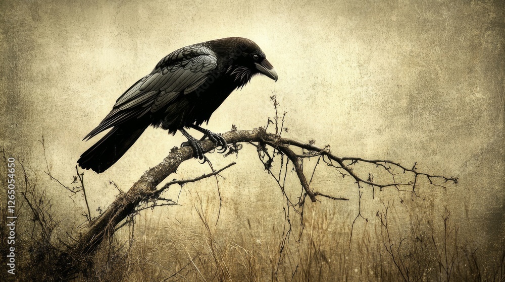 Fototapeta premium A raven perches on a gnarled branch against a textured, sepia-toned sky, exuding a mystical and solitary aura.