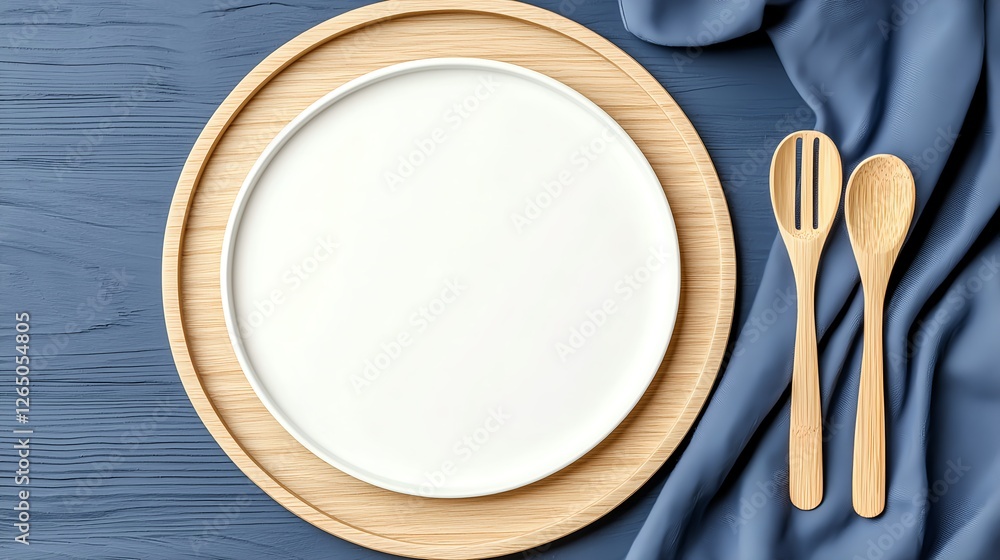 Elegant Wooden Plate Setting with Empty White Plate and Cutlery Elegant Wooden Plate Setting with Empty White Plate and Cutlery