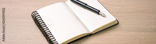 Essential School Supplies for a Productive Classroom and Engaging Learning Experience, Open spiral notebook with a pen resting on top, placed on a wooden surface.