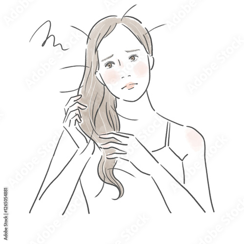 ダメージを受けた髪を触り困った顔をする綺麗な女性のイラスト
