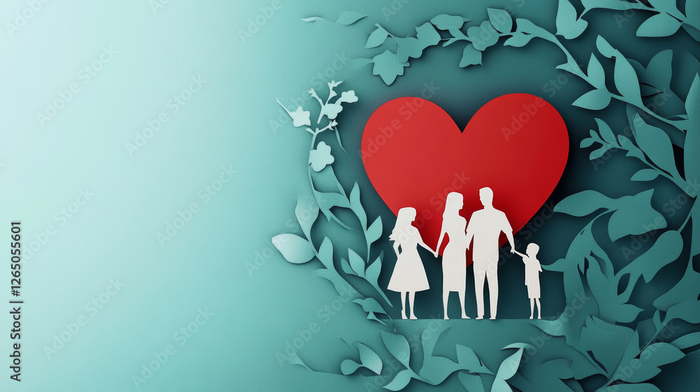 A family of four is surrounded by a heart and leaves A family of four is surrounded by a heart and leaves