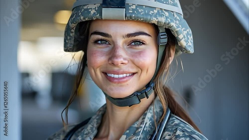 A smiling woman in military uniform, wearing a helmet and stethoscope, likely representing a medic or healthcare professional.