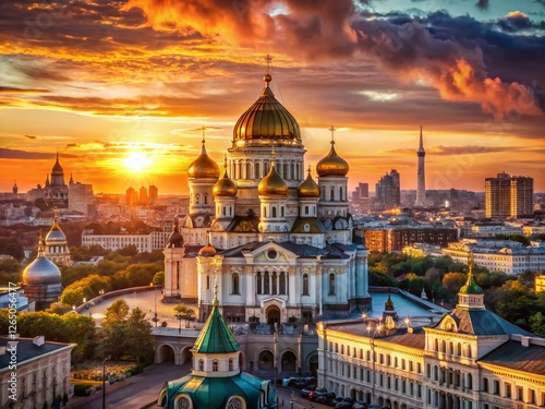 Moscow Panoramic Sunset: Cathedral of Christ the Saviour & Cityscape