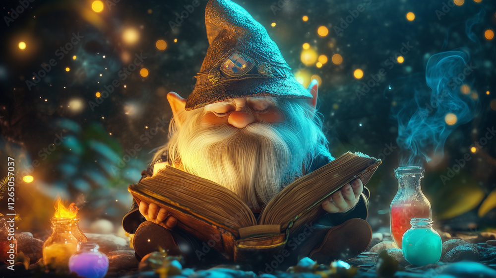 Naklejka premium Gnome reading magic book surrounded by glowing potions in enchanted atmosphere