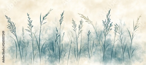 Watercolor Silhouettes Teal and Beige Hues, Elegant Minimalist Grass, Soft and Airy Style
