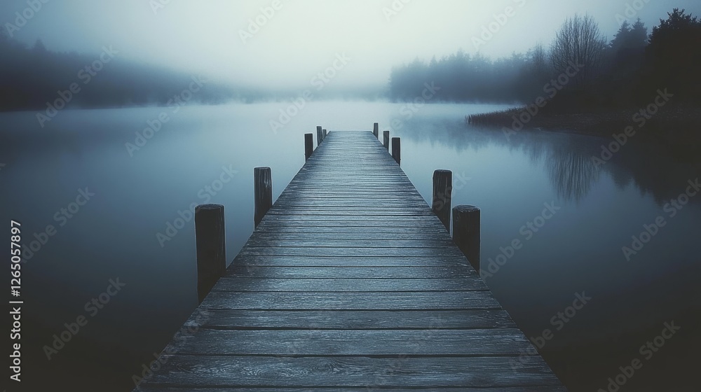 Naklejka premium A misty morning on a quiet lake with a wooden dock stretching into the distance, offering a serene and introspective scene.