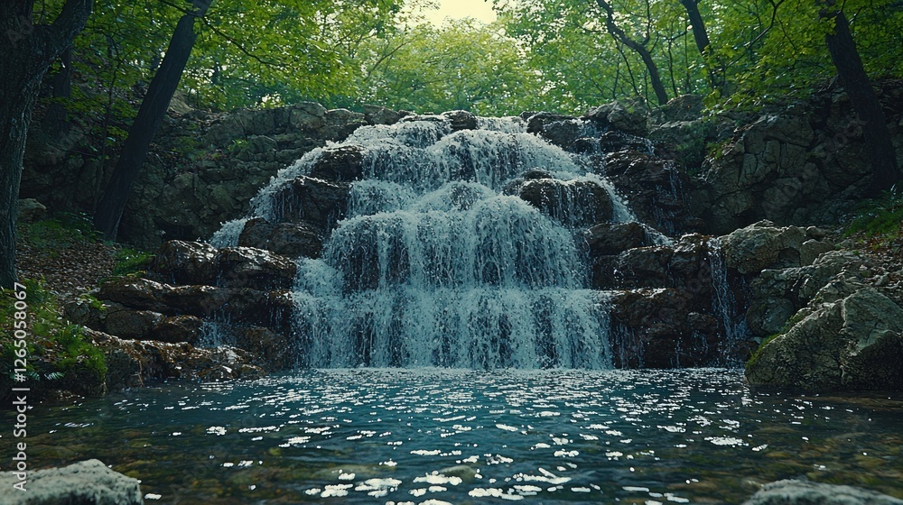 Obraz premium Cascading waters over rocky terraces a symphony of nature's tranquility