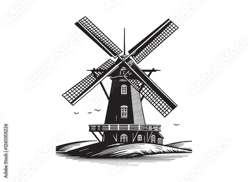 03Scenic Dutch Windmill in the Countryside – Historic White Wooden Architecture Against a Blue Sky, Symbolizing Traditional Agriculture and Renewable Energy in the Netherlands
