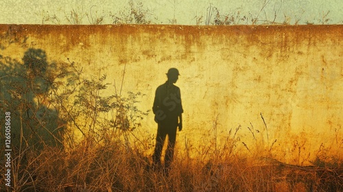 A silhouette of a person casts a long shadow on a sunlit wall, blending with nature in a moment of reflection. photo