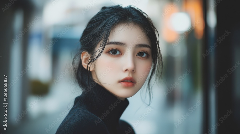 A young woman with an enigmatic expression gazes softly, her dark hair perfectly framing her face in the ambient city background. A young woman with an enigmatic expression gazes softly, her dark hair perfectly framing her face in the ambient city background.